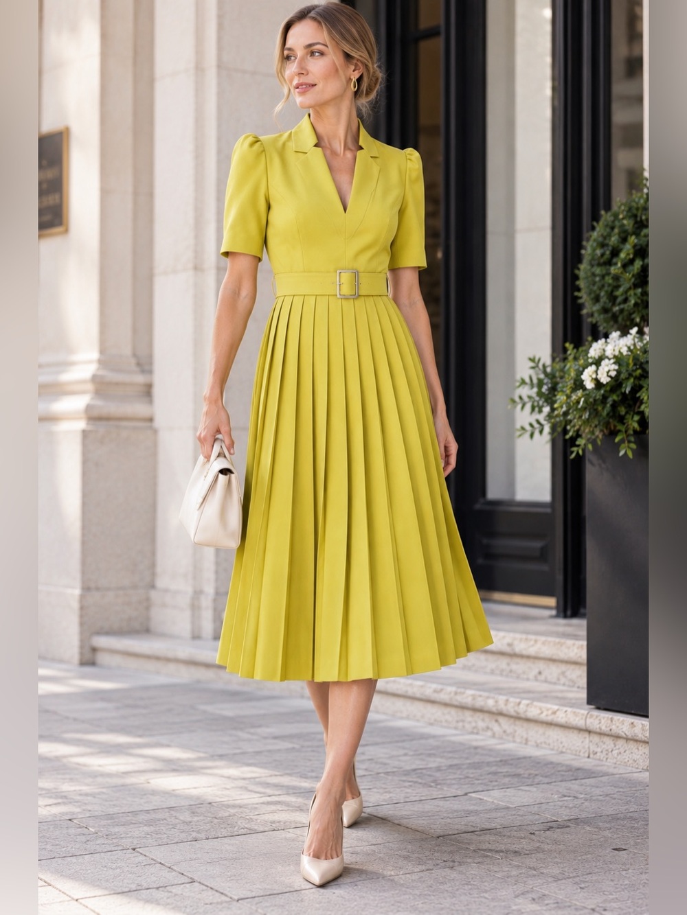 NWT KAREN MILLEN Structured Crepe Forever Pleat Belted Midi Dress $439